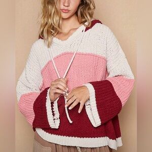 POL Oversized Colorblock Stripe Chenille Hoodie Sweater